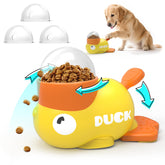Petventure duck-shaped dog puzzle dispenser rotates treats to promote mindful eating.