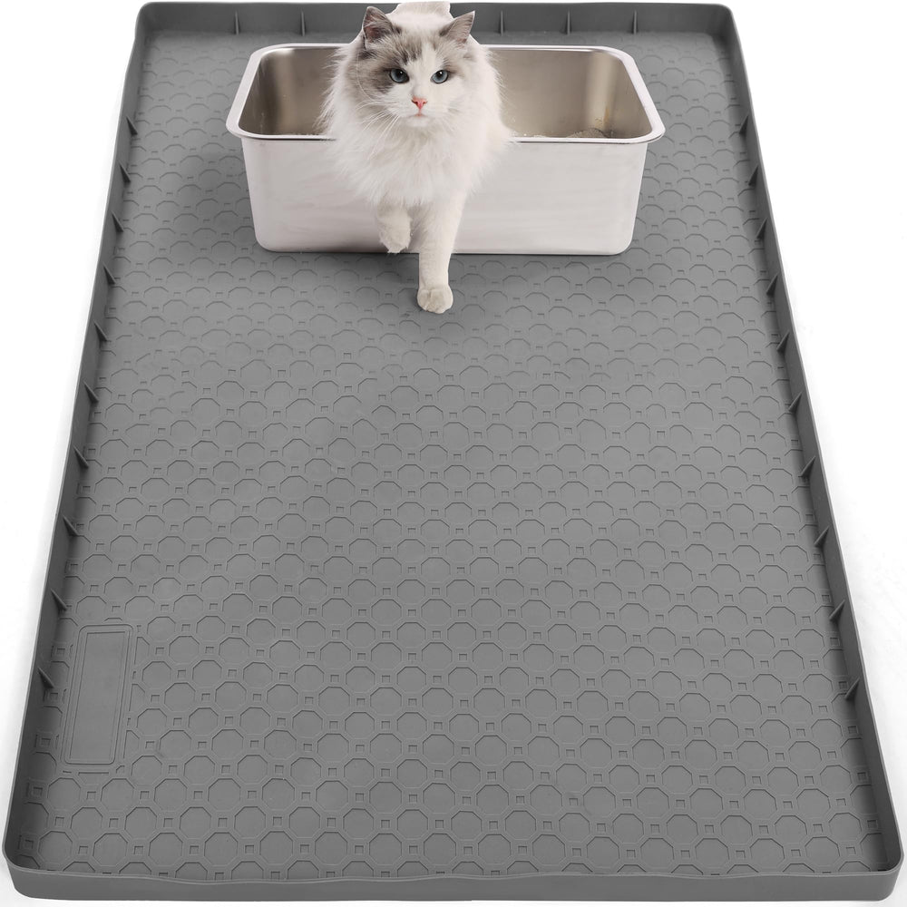 Petvolve Litter Box Mat with grid-pattern surface reduces scatter and protects floors