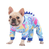 PetWarm pijama para perro dinosaurio azul, vista frontal, cómodo para uso diario.