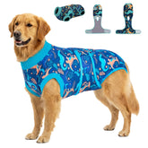 PetWarm Surgery Suit for Dogs in green dinosaur pattern offers protective comfort during post-surgery wear