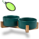 Petygooing tazones cerámicos dobles con base de madera, ideales para comida y agua.