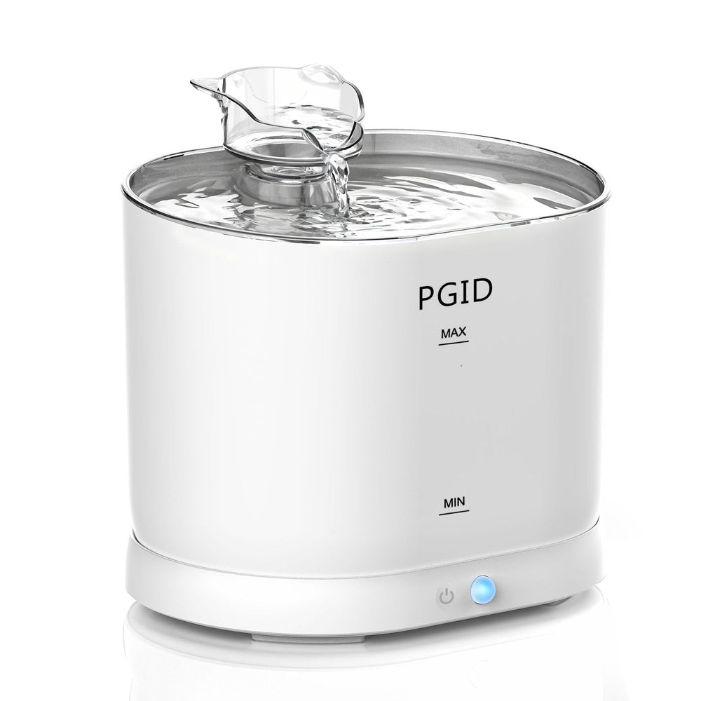 PGID cordless cat water fountain assembly shows untethered placement for pet hydration.