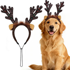 phnydreg dog reindeer antlers headband closeup reveals sturdy wire support for durable festive wear.