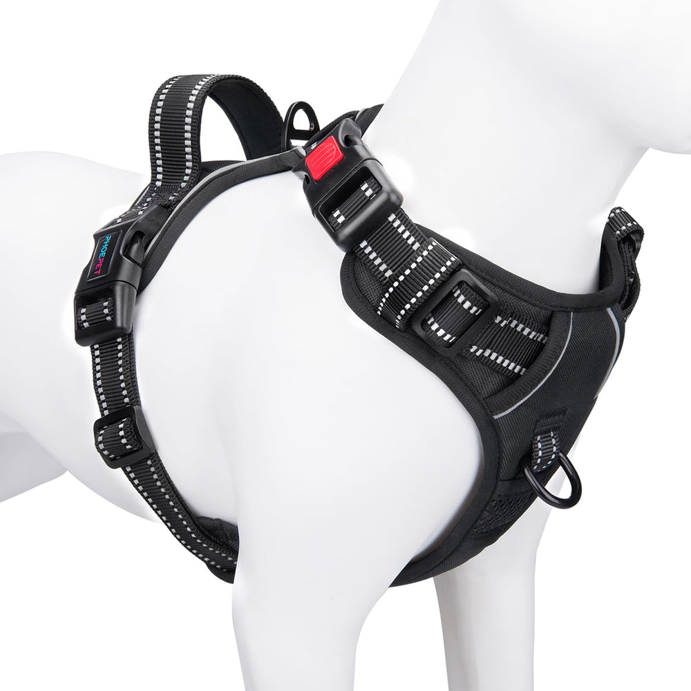 PHOEPET reflective dog harness XL black—front view for secure fit and easy on/off
