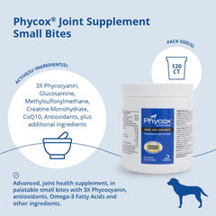 PhyCox small bites bottle label demonstrates high phycocyanin content and antioxidant support