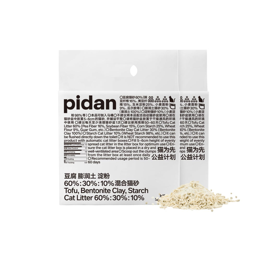 Pidan Mix Cat Litter packaging highlighting the 60/30/10 blend for easy upkeep.