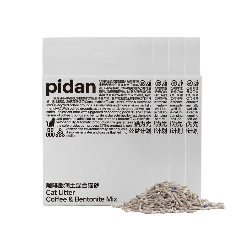 Pidan Tofu Cat Litter packaging highlights recycled coffee grounds for eco-friendly odor control.