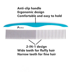 Piepea pet comb with rounded teeth gently massages skin while detangling.