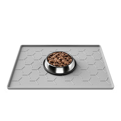 Pieviev 16x12 dog cat food bowl mat shows size and raised edge to prevent spills
