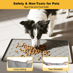 Pieviev non-slip bottom pet mat prevents sliding while pets eat.