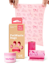 Pikoto pink dog poop bags rolls packaging ready for quick, tidy cleanup on walks