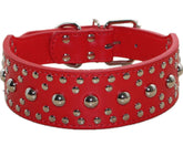 Pimaodog studded dog collar red close-up with durable faux leather and secure hardware.