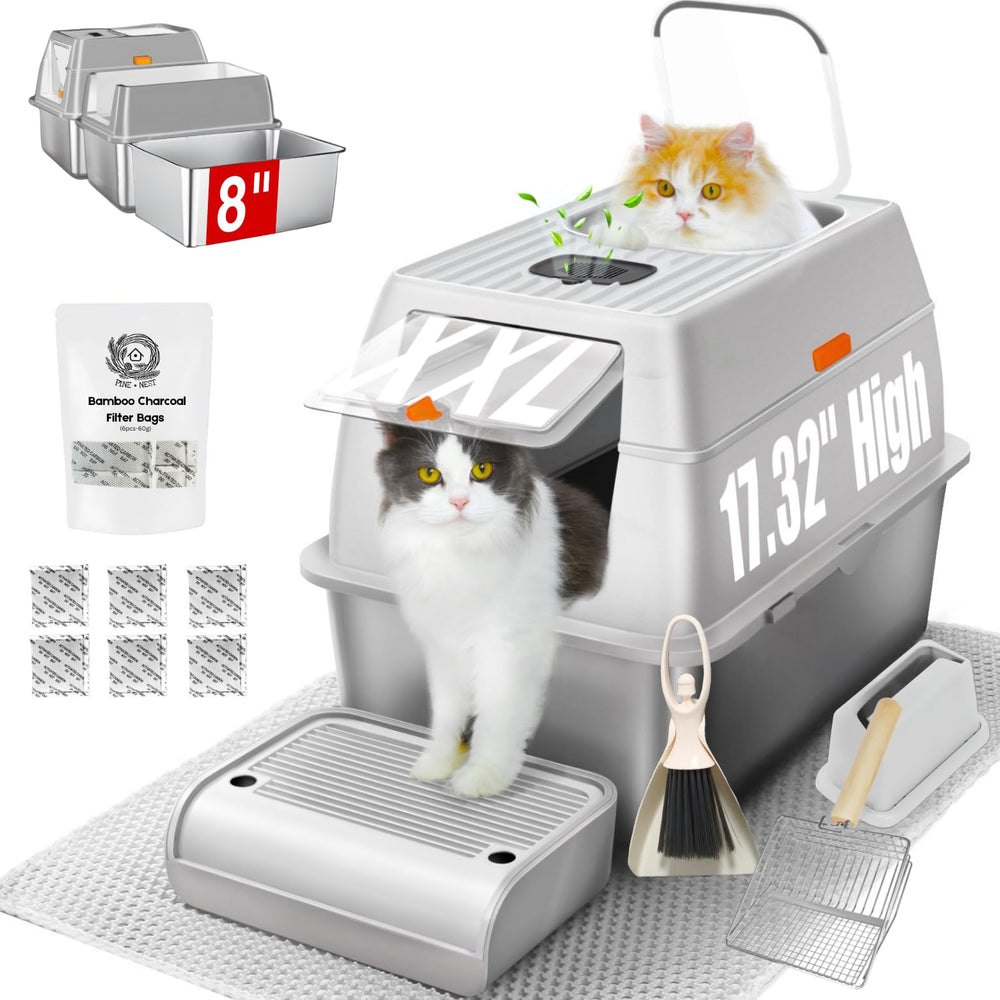 PINENEST fully enclosed XXL stainless steel litter box with lid for privacy and odor control
