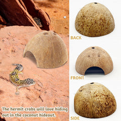 PINVNBY coconut hide doubles as a decorative cave for geckos and hermit crabs.