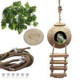 PINVNBY Crested Gecko Coco Hut with Ladder front view shows natural texture for terrarium enrichment