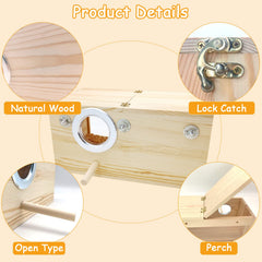 PINVNBY natural wood parakeet nesting box acrylic side highlights clear interior for monitoring.