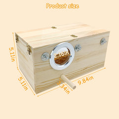 PINVNBY natural wood parakeet nesting box side view shows warm insulation and cozy interior.