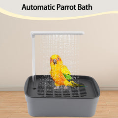 PINVNBY parrot bath box with pump highlights continuous water for bathing.