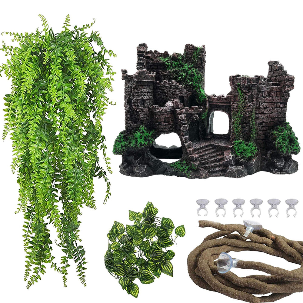 PINVNBY reptile resin castle inside tank provides secure hideouts and visual interest.