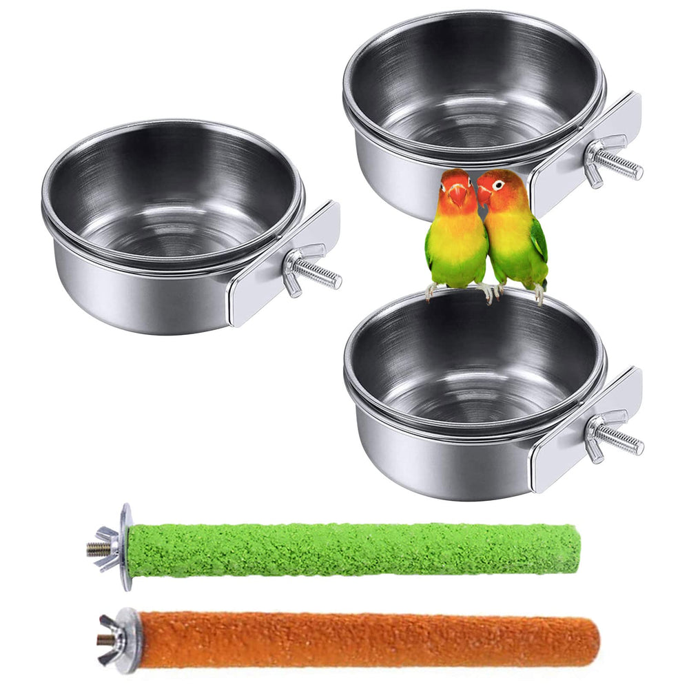 PINVNBY stainless steel bird bowls with clamp assembly for secure cage mounting