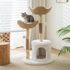 PISARRY Cat Tree Tower solid wood base offers sturdy indoor climbing for larger cats.