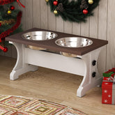 Piskyet elevated dog bowls on a wooden stand viewed from the front, farmhouse style.