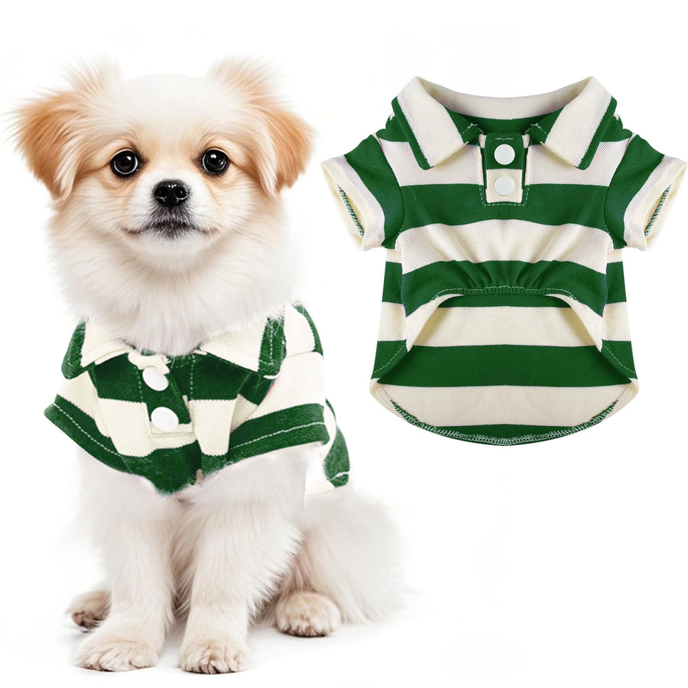 Pistha dog shirt polo striped green white front view for summer comfort