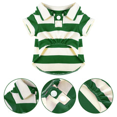 Pistha dog shirt polo striped green white on-dog view demonstrates lightweight cooling fabric