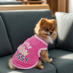 Pistha heart-print dog shirt on pink background, cute fashion for outings.