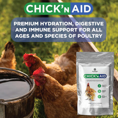 Pivotal Chick’n Aid label closeup shows vitamins and probiotics for birds.