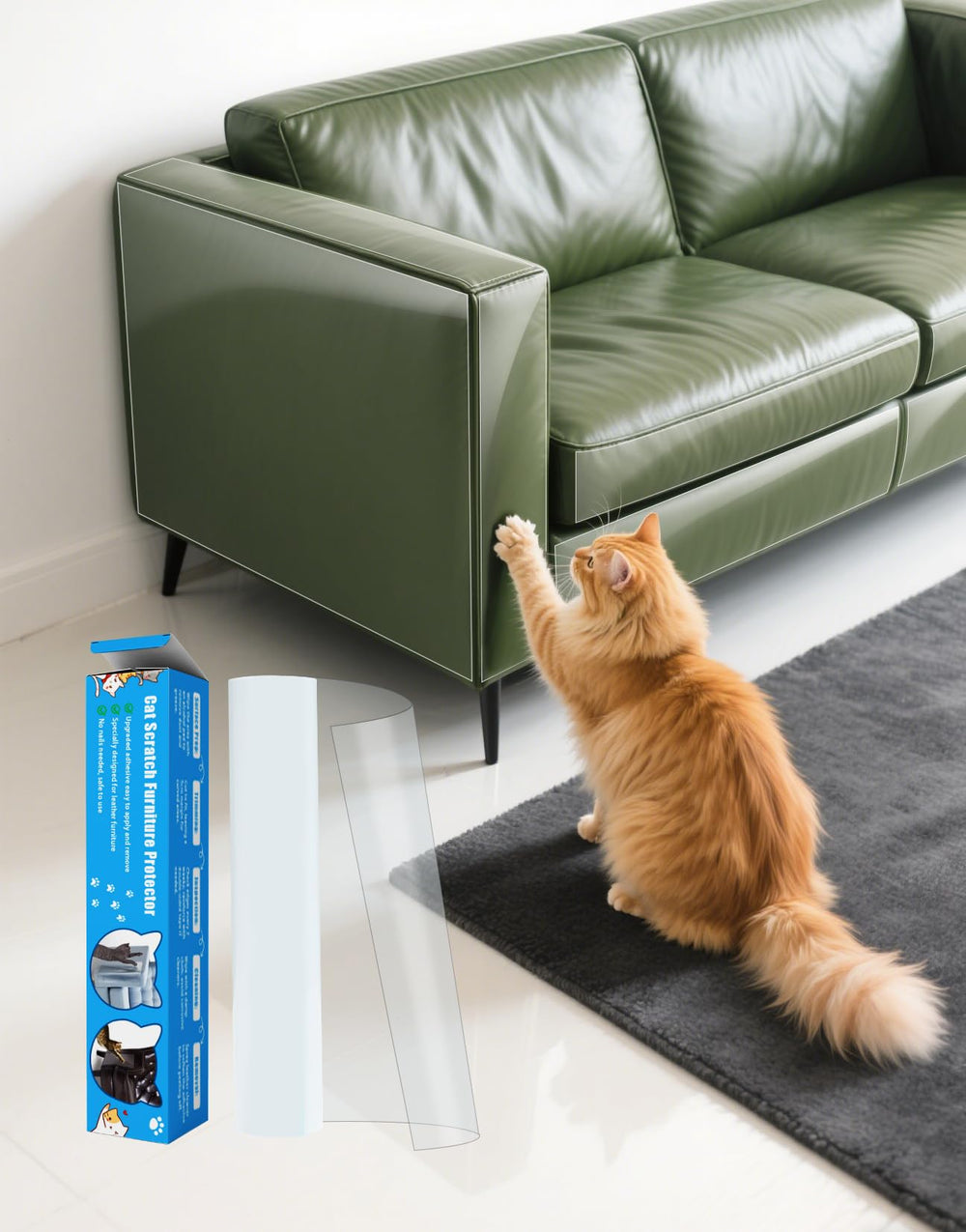 PJT cat scratch protector on leather sofa blends invisibly for scratch defense.