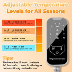 PJT Heated Cat Bed timer control demonstrates adjustable temperature and auto-off options for convenience.