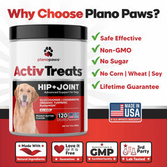 Planopaws ActivTreats bottle label highlights premium joint supplement.