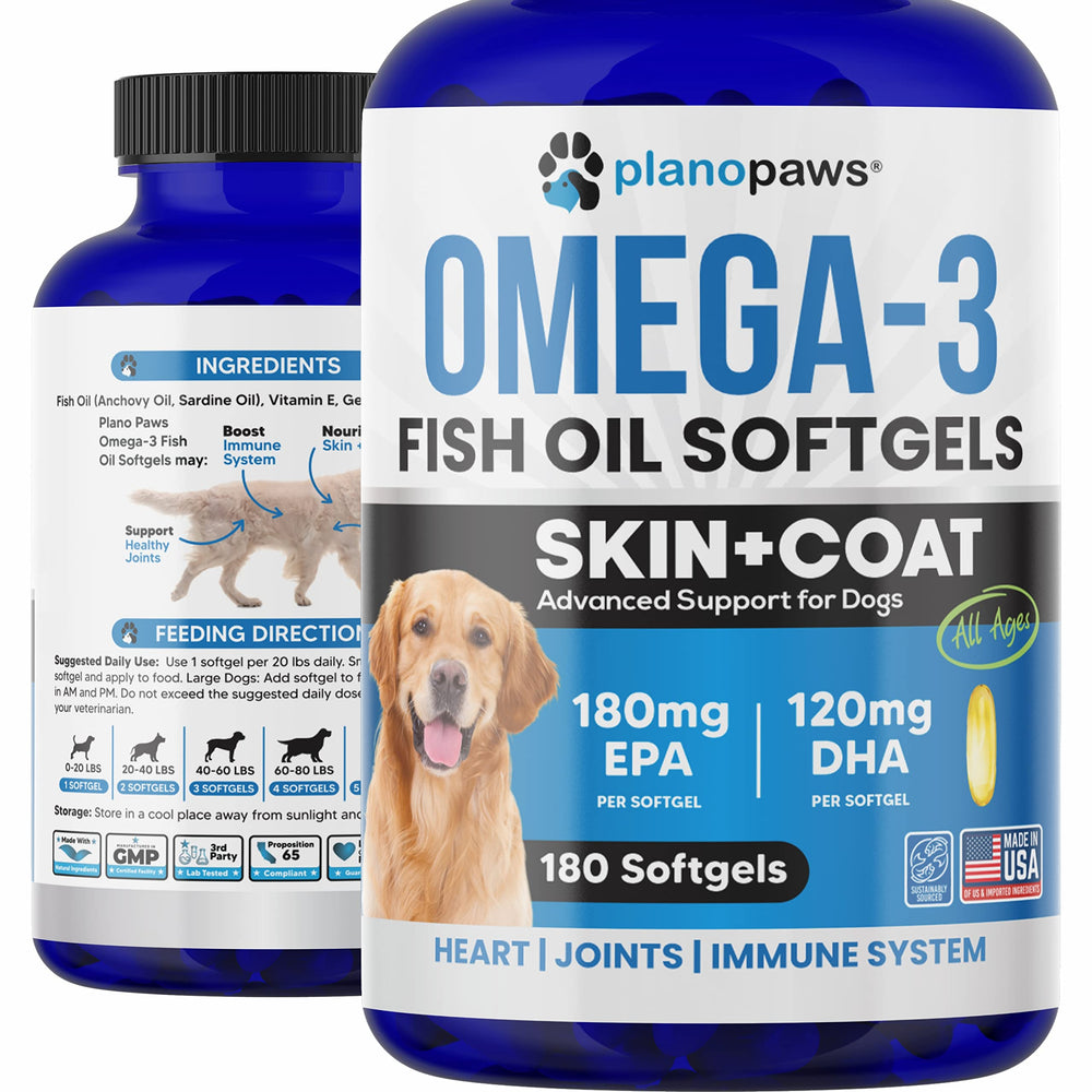 Planopaws Omega-3 dog bottle closeup showing easy dosing for daily use.