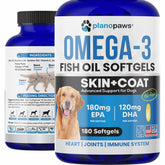 Planopaws Omega-3 dog bottle closeup showing easy dosing for daily use.