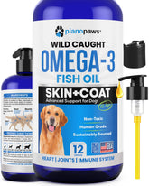 Planopaws Omega-3 Dogs bottle pour shows ocean-sourced oil for healthier skin and coat.