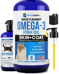 Plano Paws Omega-3 fish oil cat bottle pour highlighting easy dosing and joint support