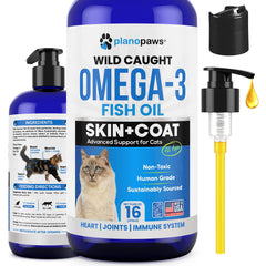 Planopaws Omega-3 fish oil cat bottle with clear label for joint and coat support.