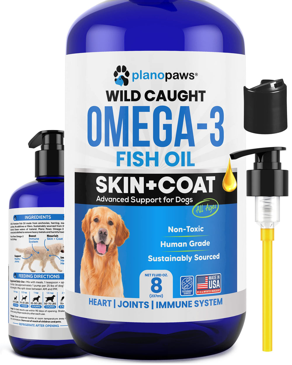 Planopaws Omega 3 para perros, botella-vertido facilita la dosificación para el cuidado diario.