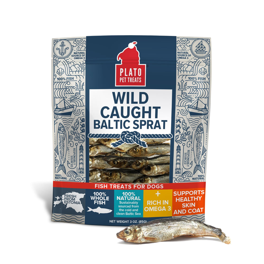 PLATO Baltic Sprat whole-fish treats offer a natural omega-3 and omega-6 boost.