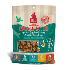 PLATO Duck Small Bites packaging highlights grain-free real meat for training rewards.