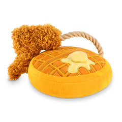 P.L.A.Y. plush chicken waffles toy front view with squeaker for dogs.