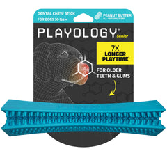 Playology dog toy senior dental chew stick cleans teeth during chewing.