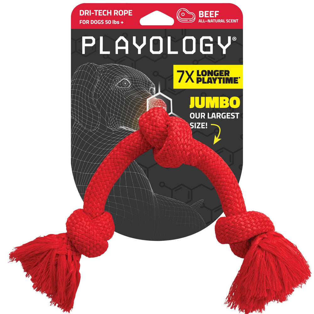 Playology Dri-Tech Rope Toy close-up showing beef scent for tough chewers.