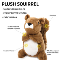 Playology plush squirrel closeup showing soft fabric and chew-friendly design for gentle play.