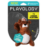Playology plush squirrel squeak toy highlighting fun squeak and peanut butter scent for interactive play.