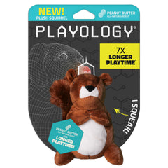 Playology plush squirrel squeak toy highlighting fun squeak and peanut butter scent for interactive play.