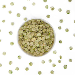 Pleasantly Warm pea flakes in a bowl stimulate curiosity and mealtime fun.
