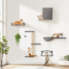PLEKER 5-in-1 Cat Wall Shelves overview shows space-saving vertical play for curious felines.