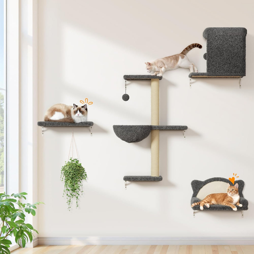 PLEKER 5-in-1 cat wall shelves in solid wood and velvet form a durable playground